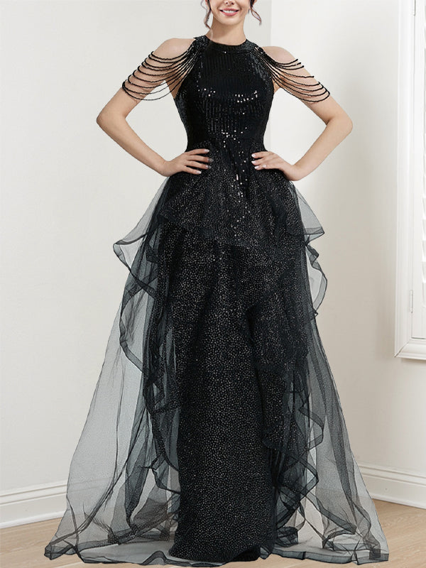 A-Line/Princess Halter Long Prom Dresses With Ruffles/Sequins/Beads BabaMila
