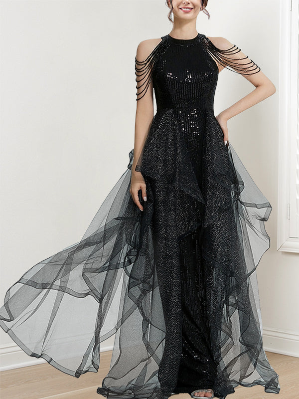 A-Line/Princess Halter Long Prom Dresses With Ruffles/Sequins/Beads BabaMila