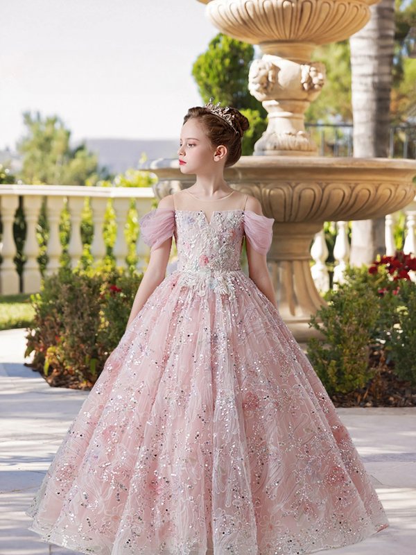 Dazzling Scoop Neck Cold Shoulder Floor-Length Tulle/Lace/Sequins Ball Gown/Princess With Appliques Girls Gidiondress