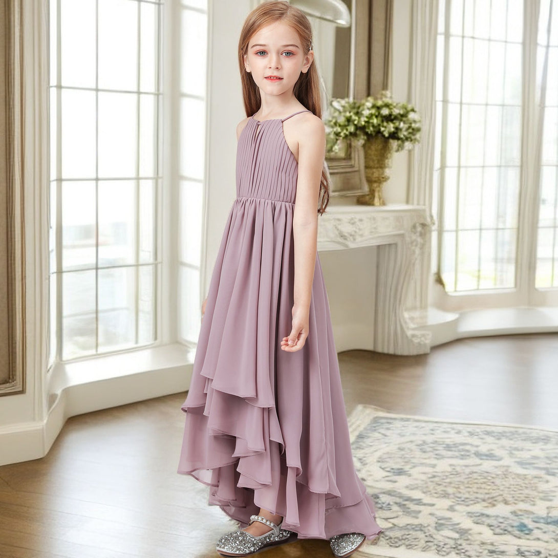 Asymmetrical Halter Sleeveless Chiffon Junior Bridesmaid Dress/Girls Birthday Dresses With Pleated Girls Gidiondress