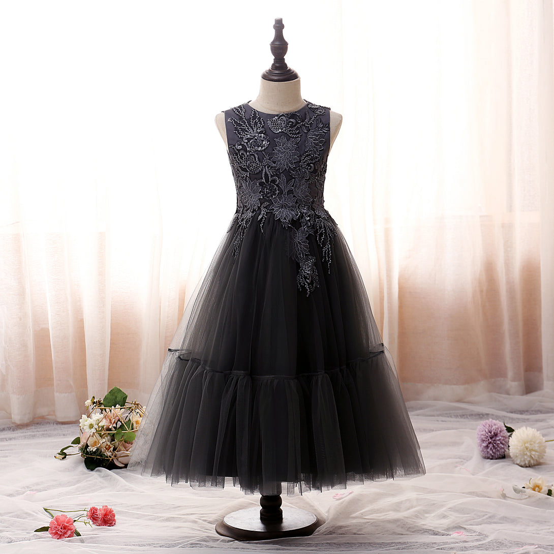 Boat Neck Sleeveless Tea-Length Satin/Lace/Tulle Girls Birthday Dresses With Appliques/Sequins Girls Gidiondress