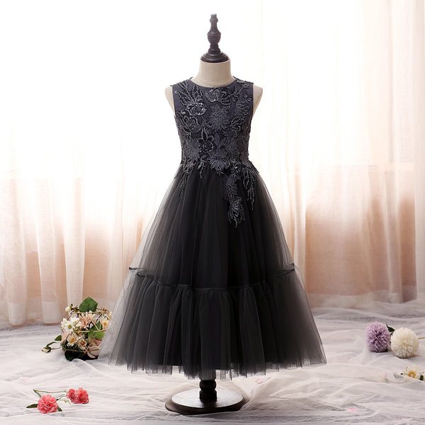 Boat Neck Sleeveless Tea-Length Satin/Lace/Tulle Girls Birthday Dresses With Appliques/Sequins Girls Gidiondress