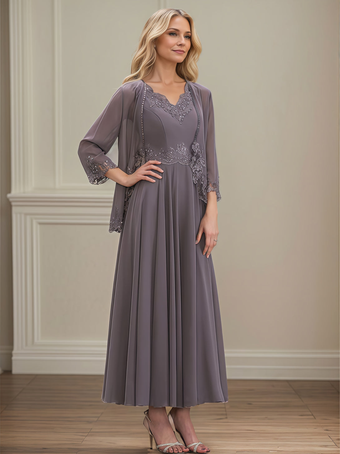 Classic A-Line V-Neck Long Sleeve Ankel-Length Lace/Chiffon/Sequins Mother of the Bride Dress With Appliques/Jacket BabaMila