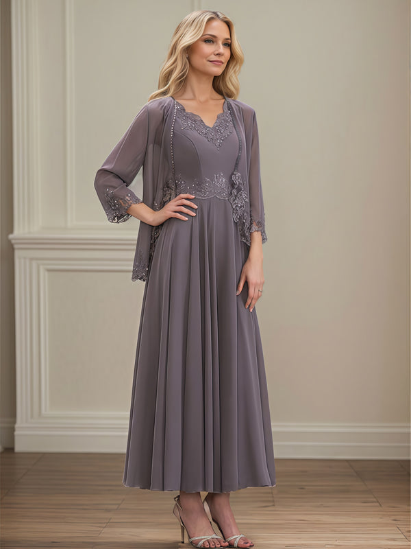 Classic A-Line V-Neck Long Sleeve Ankel-Length Lace/Chiffon/Sequins Mother of the Bride Dress With Appliques/Jacket BabaMila