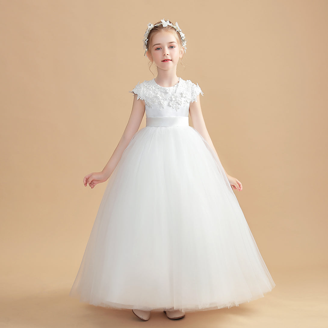 Ball Gown/Princess Cap Sleeve Scoop Neck Floor-Length Tulle/Satin/Lace Flower Girl Dresses/First Communion Dress With 3D Flower/Appliques Girls Gidiondress