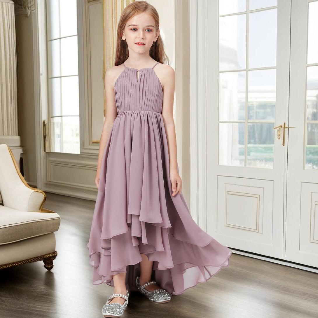 Asymmetrical Halter Sleeveless Chiffon Junior Bridesmaid Dress/Girls Birthday Dresses With Pleated Girls Gidiondress