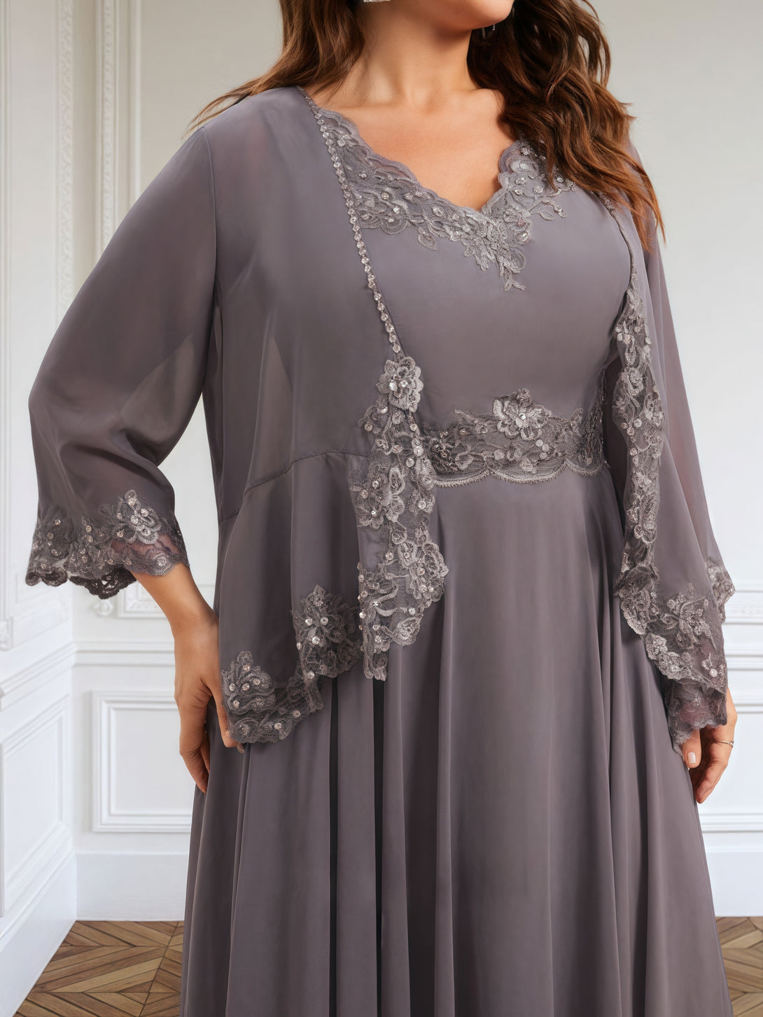 Classic A-Line V-Neck Long Sleeve Ankel-Length Lace/Chiffon/Sequins Mother of the Bride Dress With Appliques/Jacket BabaMila