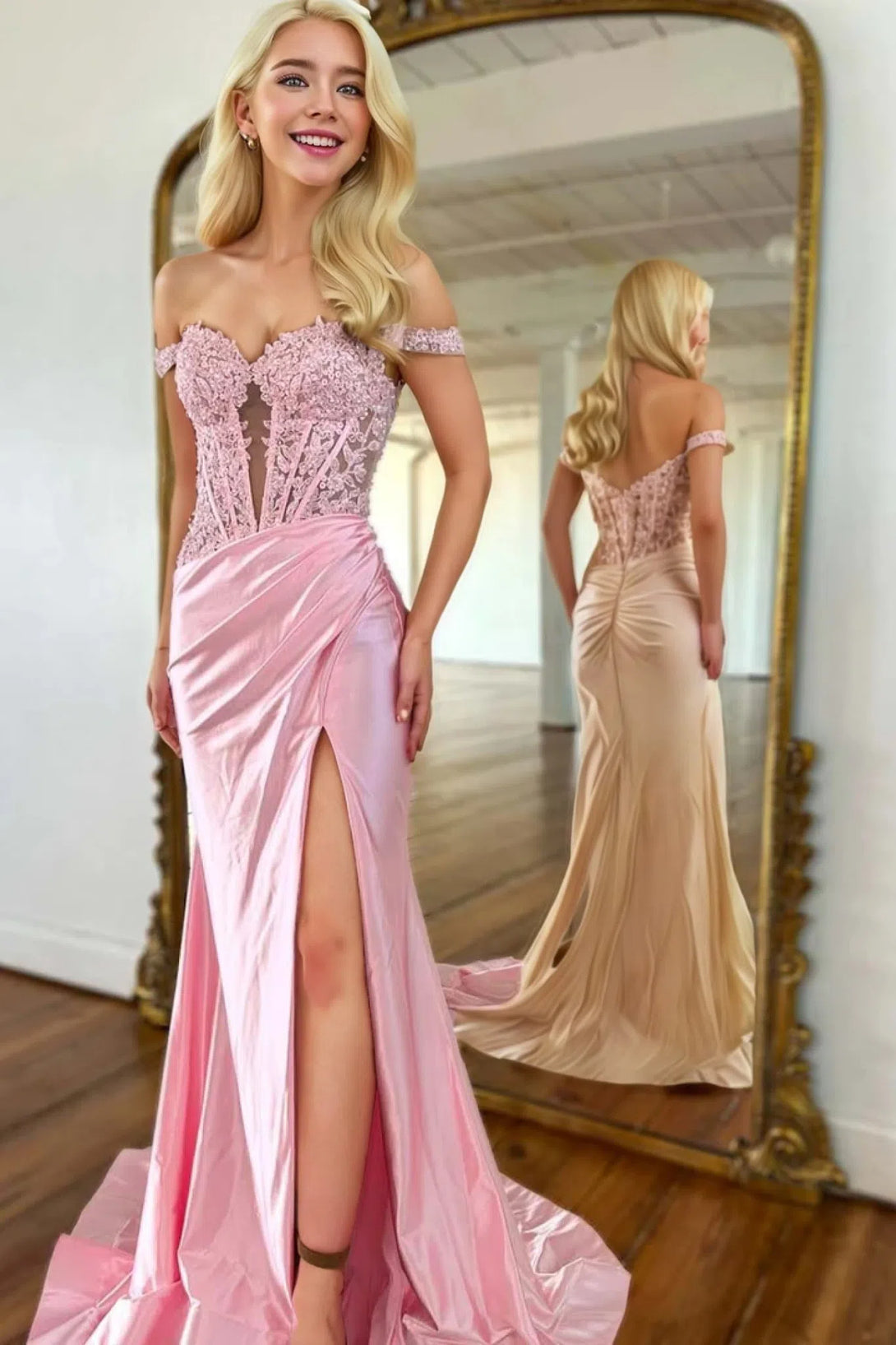 Off the Shoulder Light Pink Long Prom Dress with Appliques BabaMila