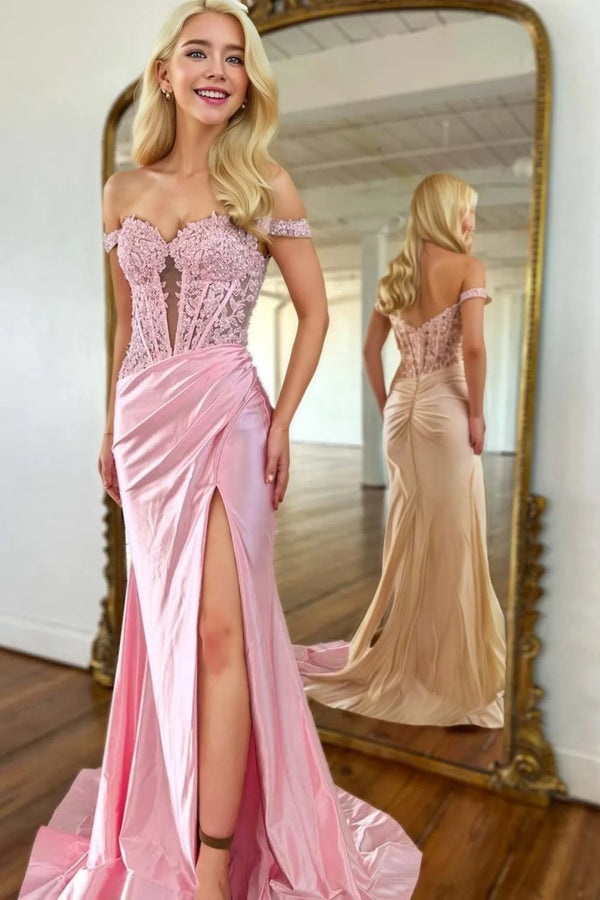 Off the Shoulder Light Pink Long Prom Dress with Appliques BabaMila