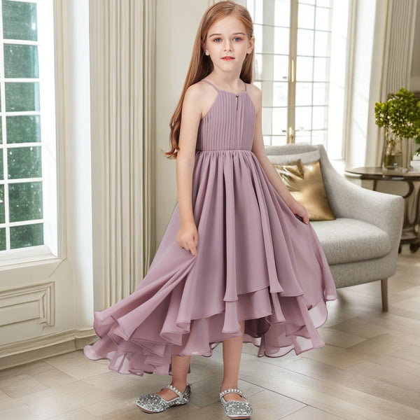 Asymmetrical Halter Sleeveless Chiffon Junior Bridesmaid Dress/Girls Birthday Dresses With Pleated Girls Gidiondress