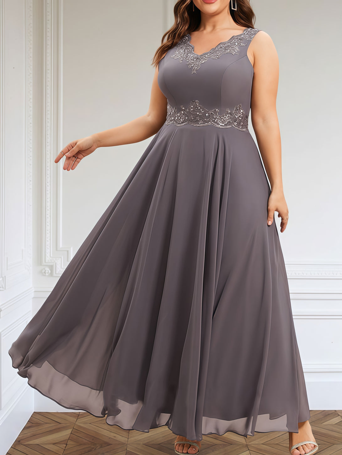 Classic A-Line V-Neck Long Sleeve Ankel-Length Lace/Chiffon/Sequins Mother of the Bride Dress With Appliques/Jacket BabaMila