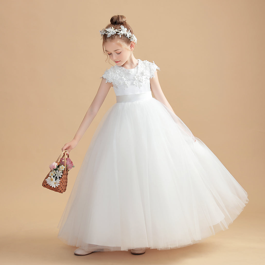 Ball Gown/Princess Cap Sleeve Scoop Neck Floor-Length Tulle/Satin/Lace Flower Girl Dresses/First Communion Dress With 3D Flower/Appliques Girls Gidiondress