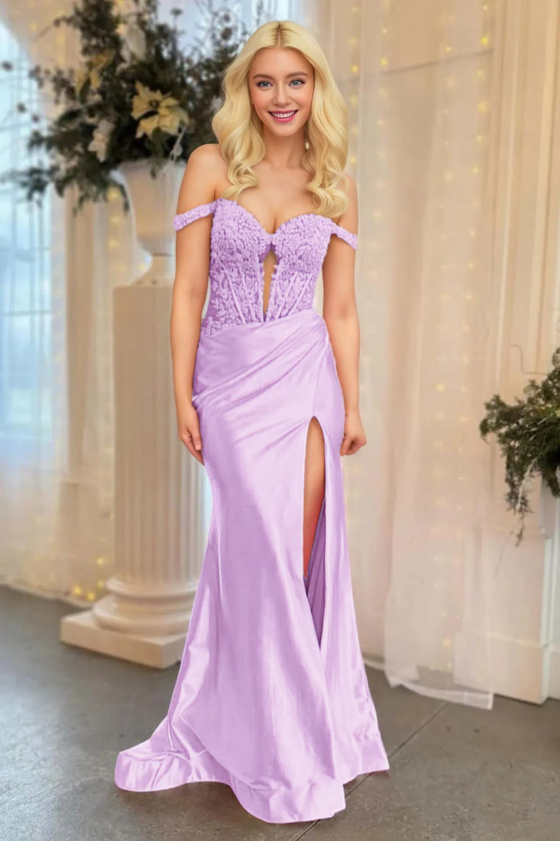 Off the Shoulder Light Pink Long Prom Dress with Appliques BabaMila