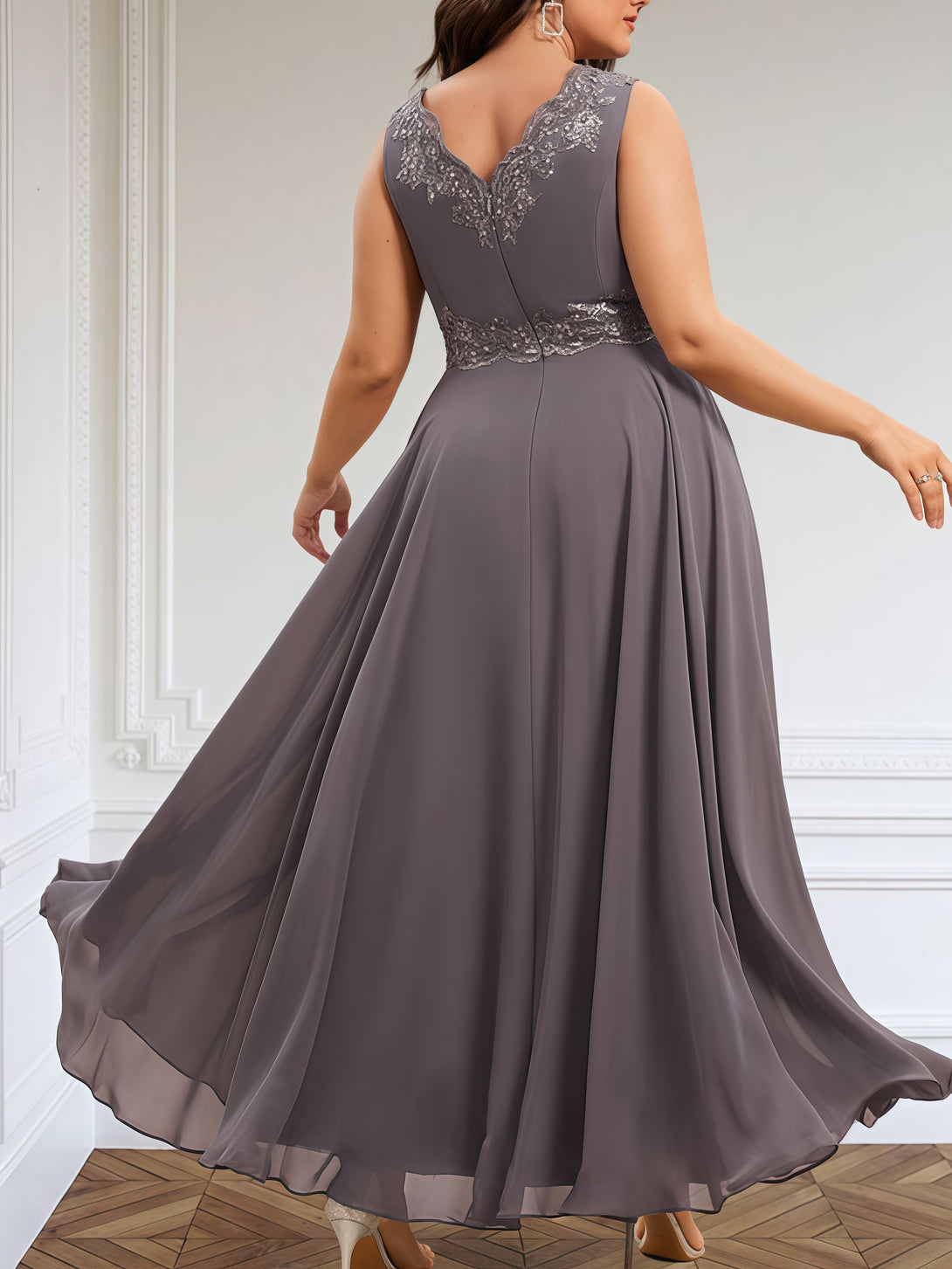 Classic A-Line V-Neck Long Sleeve Ankel-Length Lace/Chiffon/Sequins Mother of the Bride Dress With Appliques/Jacket BabaMila