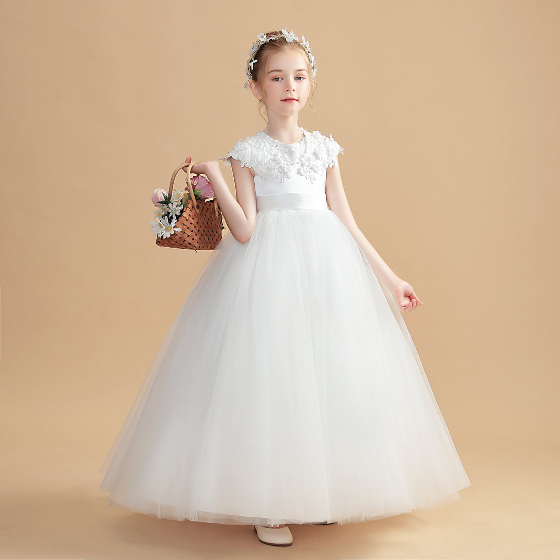 Ball Gown/Princess Cap Sleeve Scoop Neck Floor-Length Tulle/Satin/Lace Flower Girl Dresses/First Communion Dress With 3D Flower/Appliques Girls Gidiondress
