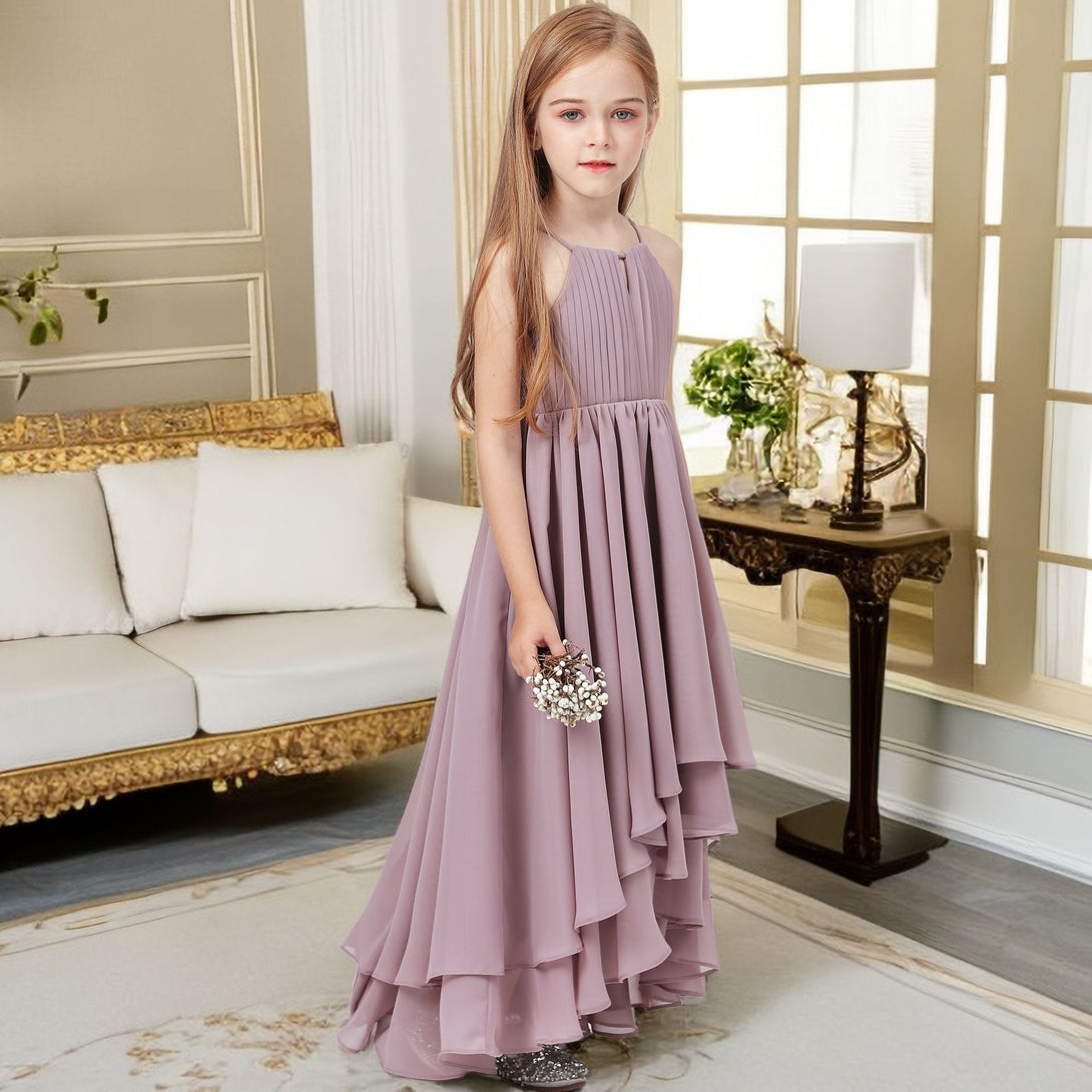 Asymmetrical Halter Sleeveless Chiffon Junior Bridesmaid Dress/Girls Birthday Dresses With Pleated Girls Gidiondress