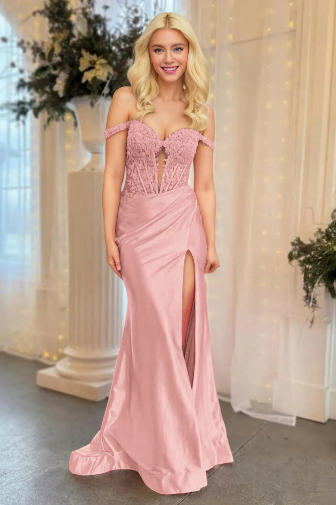 Off the Shoulder Light Pink Long Prom Dress with Appliques BabaMila