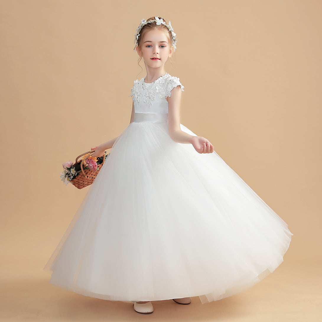 Ball Gown/Princess Cap Sleeve Scoop Neck Floor-Length Tulle/Satin/Lace Flower Girl Dresses/First Communion Dress With 3D Flower/Appliques Girls Gidiondress