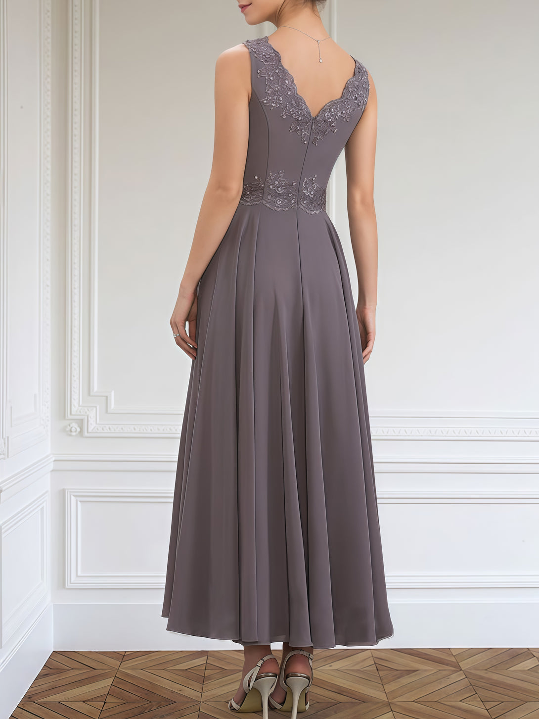 Classic A-Line V-Neck Long Sleeve Ankel-Length Lace/Chiffon/Sequins Mother of the Bride Dress With Appliques/Jacket BabaMila