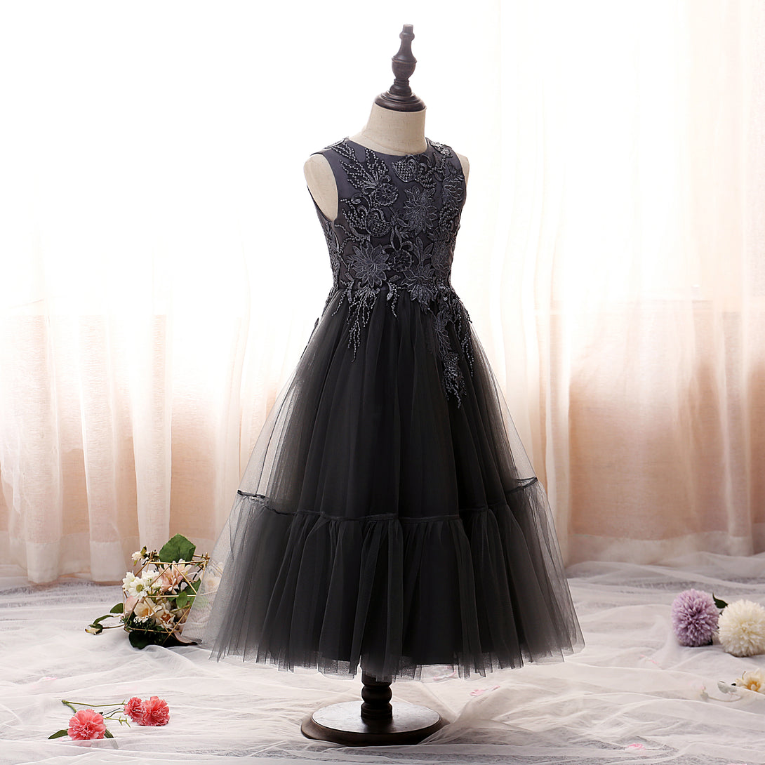 Boat Neck Sleeveless Tea-Length Satin/Lace/Tulle Girls Birthday Dresses With Appliques/Sequins Girls Gidiondress