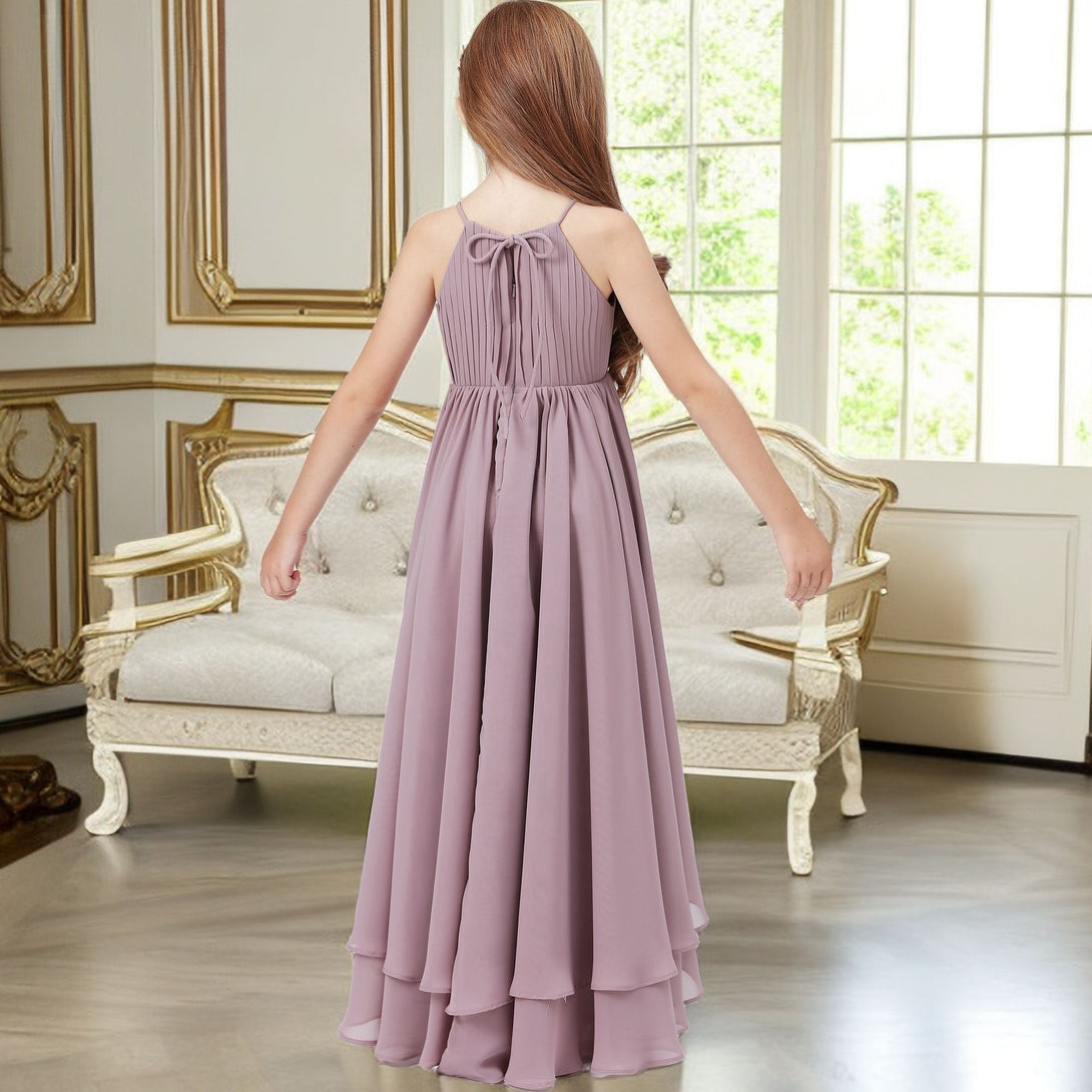 Asymmetrical Halter Sleeveless Chiffon Junior Bridesmaid Dress/Girls Birthday Dresses With Pleated Girls Gidiondress