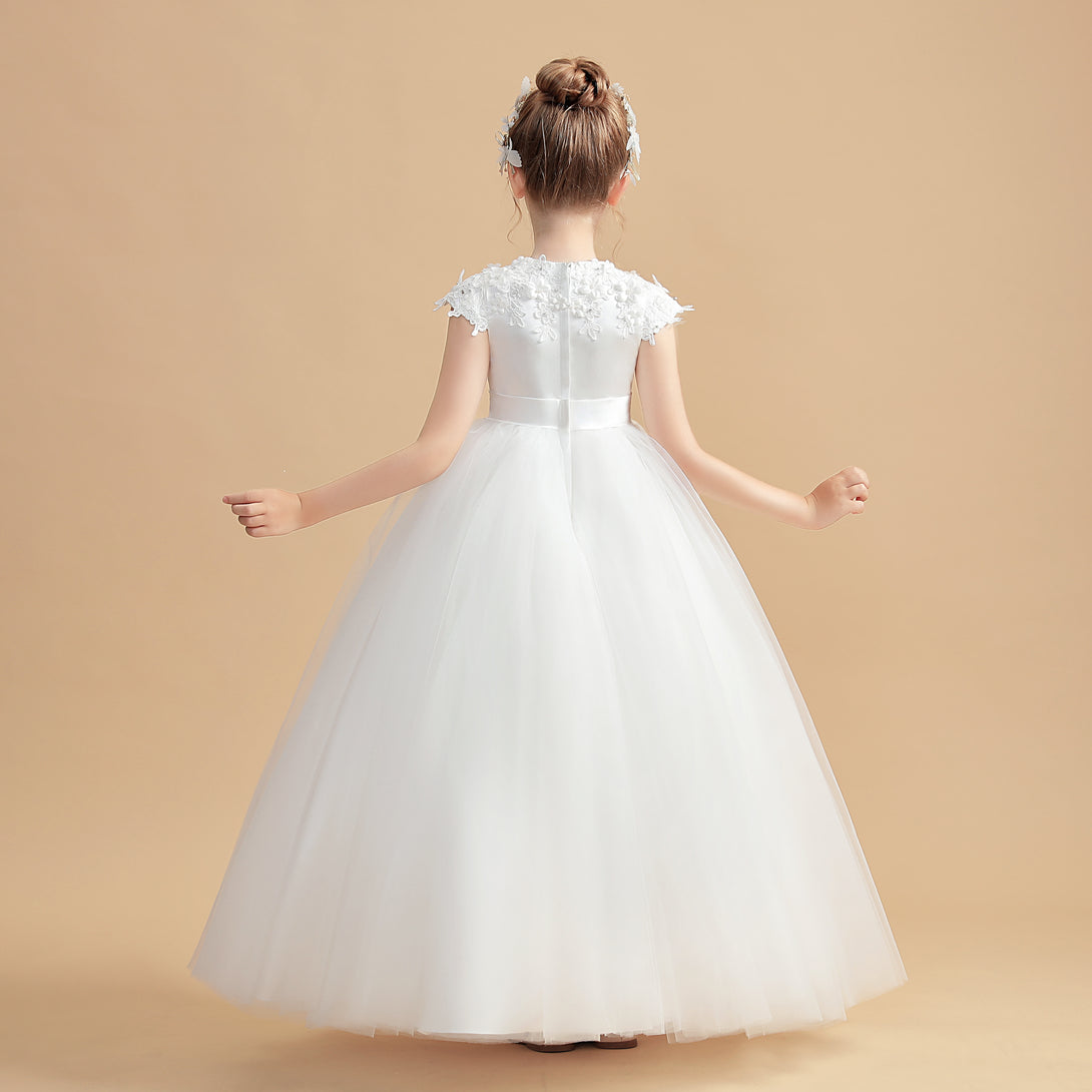 Ball Gown/Princess Cap Sleeve Scoop Neck Floor-Length Tulle/Satin/Lace Flower Girl Dresses/First Communion Dress With 3D Flower/Appliques Girls Gidiondress