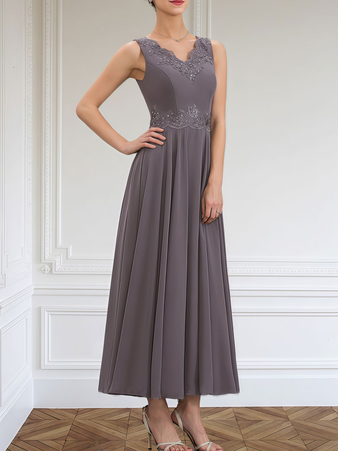 Classic A-Line V-Neck Long Sleeve Ankel-Length Lace/Chiffon/Sequins Mother of the Bride Dress With Appliques/Jacket BabaMila