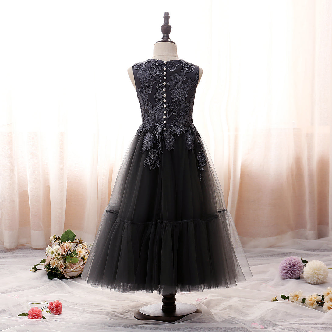 Boat Neck Sleeveless Tea-Length Satin/Lace/Tulle Girls Birthday Dresses With Appliques/Sequins Girls Gidiondress