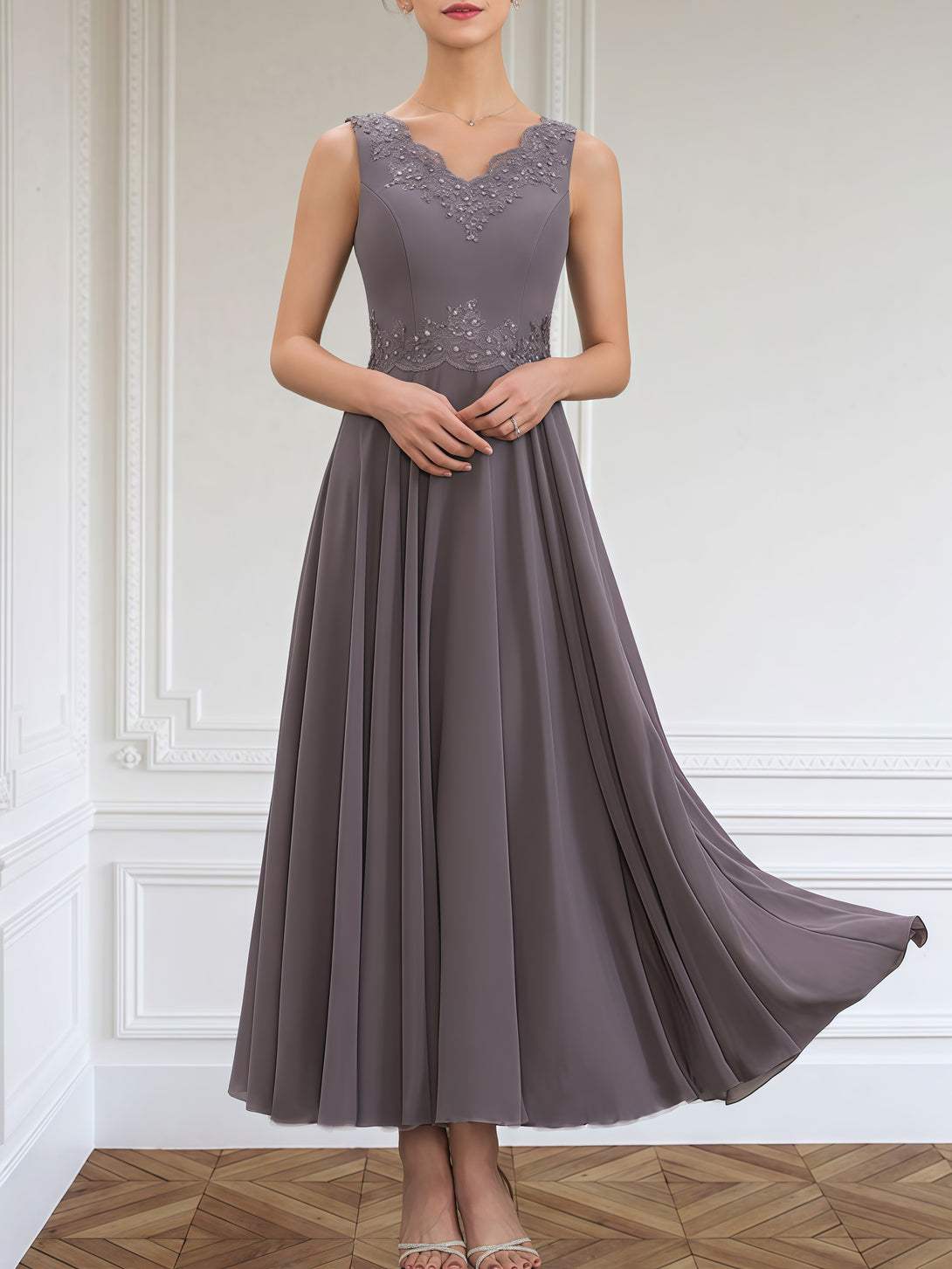 Classic A-Line V-Neck Long Sleeve Ankel-Length Lace/Chiffon/Sequins Mother of the Bride Dress With Appliques/Jacket BabaMila
