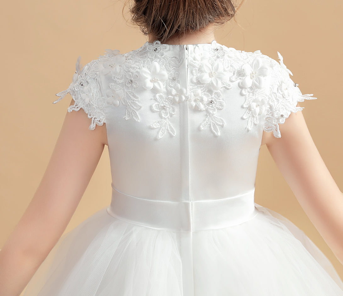 Ball Gown/Princess Cap Sleeve Scoop Neck Floor-Length Tulle/Satin/Lace Flower Girl Dresses/First Communion Dress With 3D Flower/Appliques Girls Gidiondress