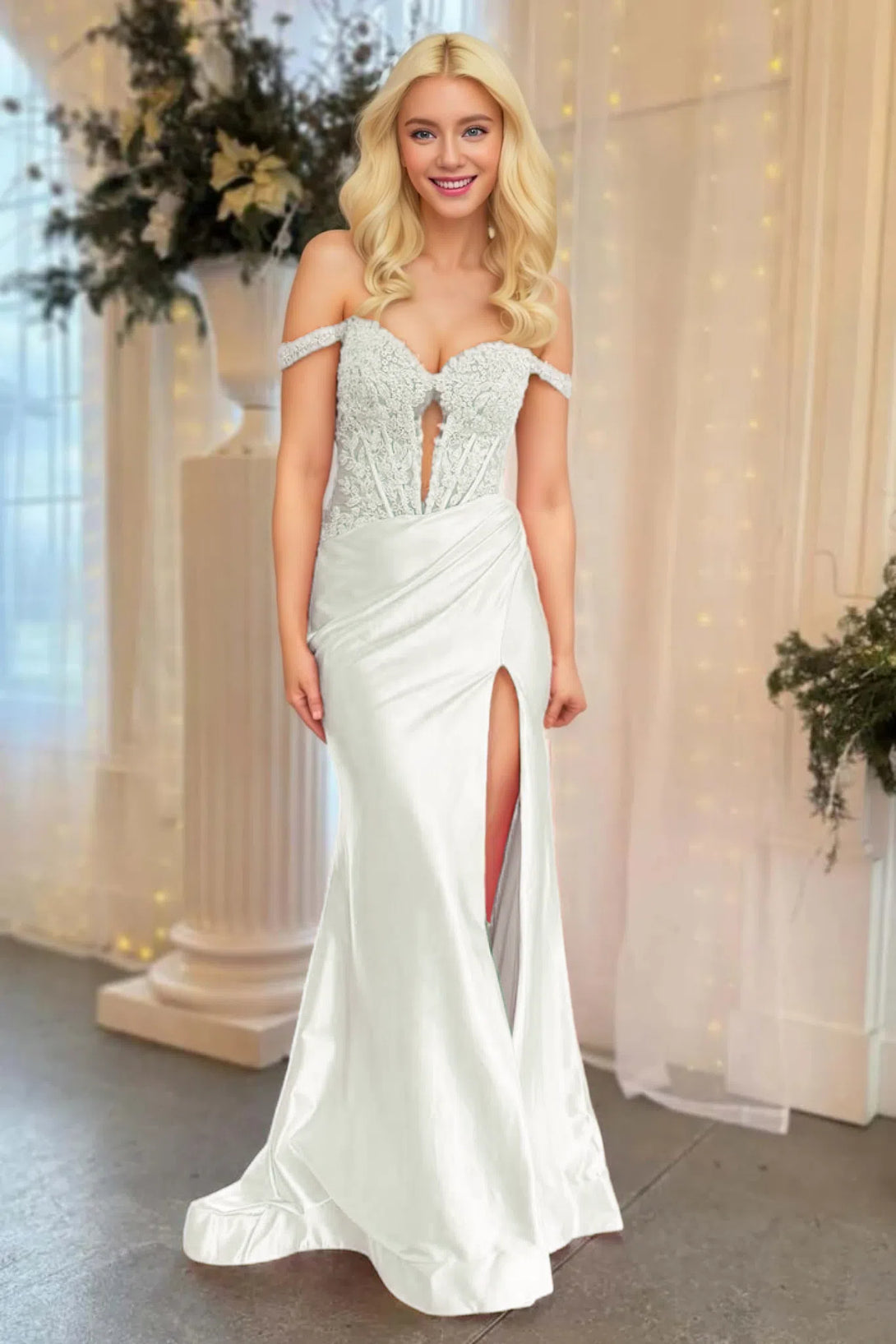 Off the Shoulder Light Pink Long Prom Dress with Appliques BabaMila