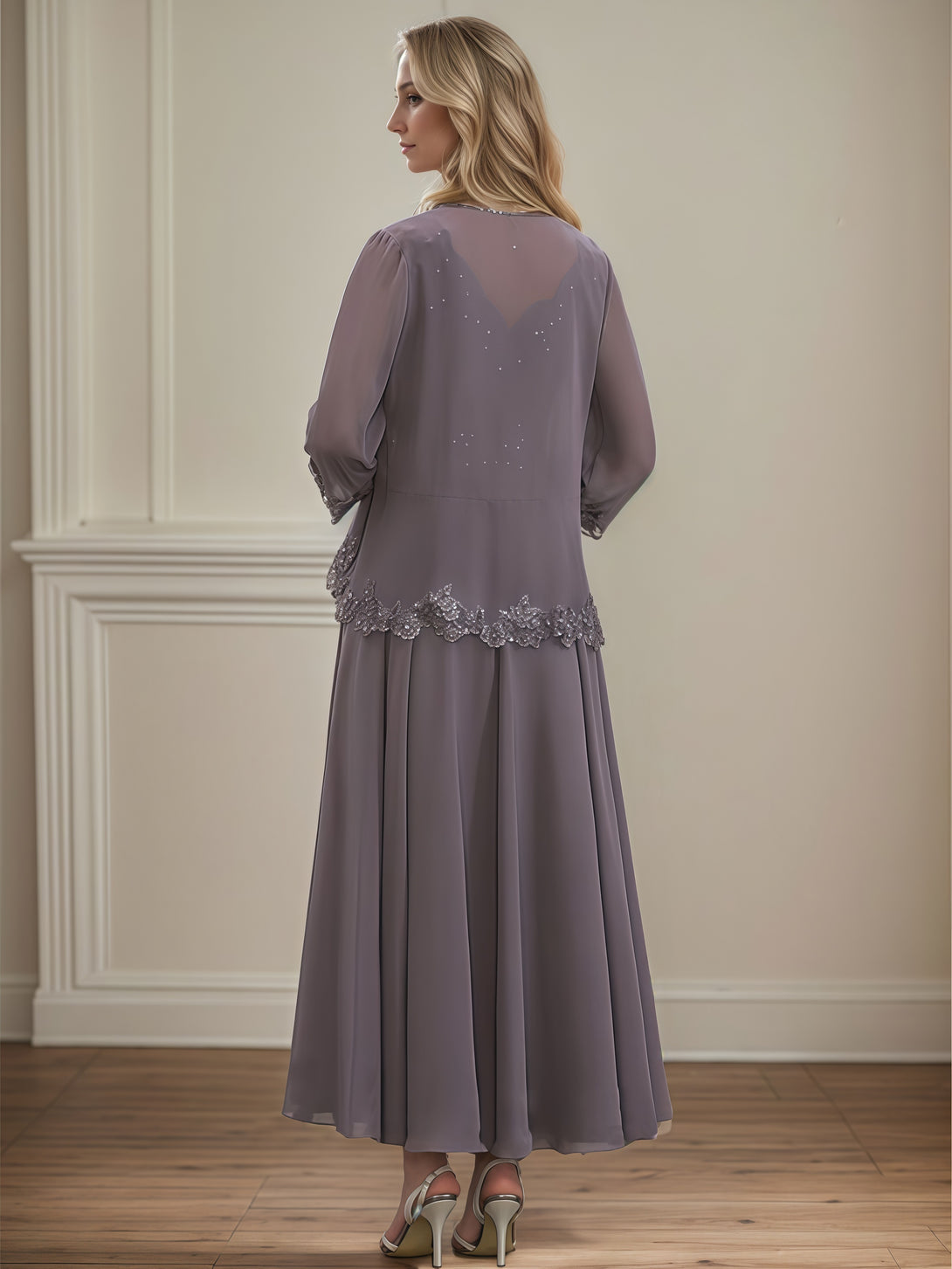 Classic A-Line V-Neck Long Sleeve Ankel-Length Lace/Chiffon/Sequins Mother of the Bride Dress With Appliques/Jacket BabaMila