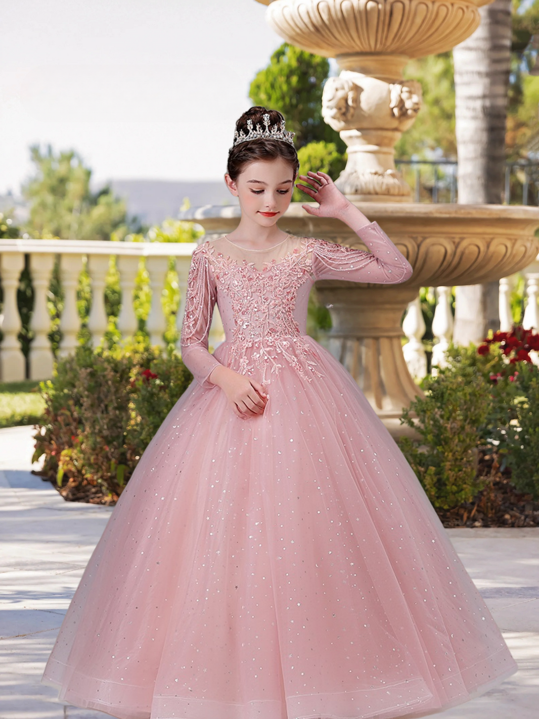 Exquisite Scoop Neck Long Sleeve Flower Girl Dress Floor-Length Lace/Printed Tulle Ball Gown/Princess With Beads/Appliques Girls Gidiondress