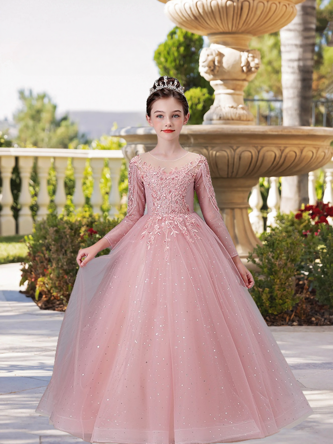 Exquisite Scoop Neck Long Sleeve Flower Girl Dress Floor-Length Lace/Printed Tulle Ball Gown/Princess With Beads/Appliques Girls Gidiondress