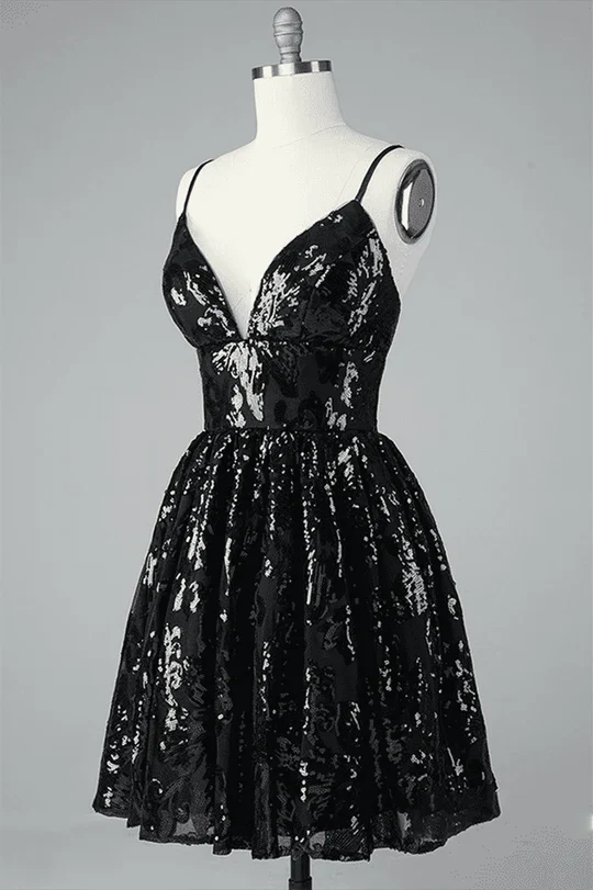 A-line V Neck Lace-up Back Sequins-embroidered Mini Dress Homecoming Dress BabaMila