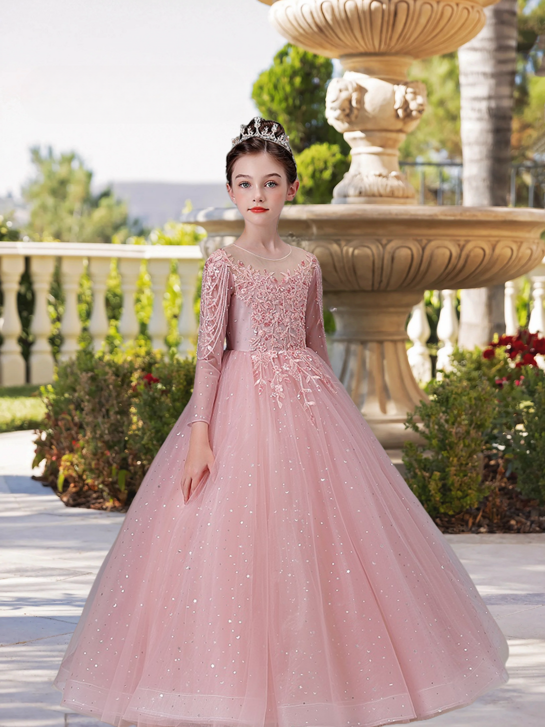Exquisite Scoop Neck Long Sleeve Flower Girl Dress Floor-Length Lace/Printed Tulle Ball Gown/Princess With Beads/Appliques Girls Gidiondress