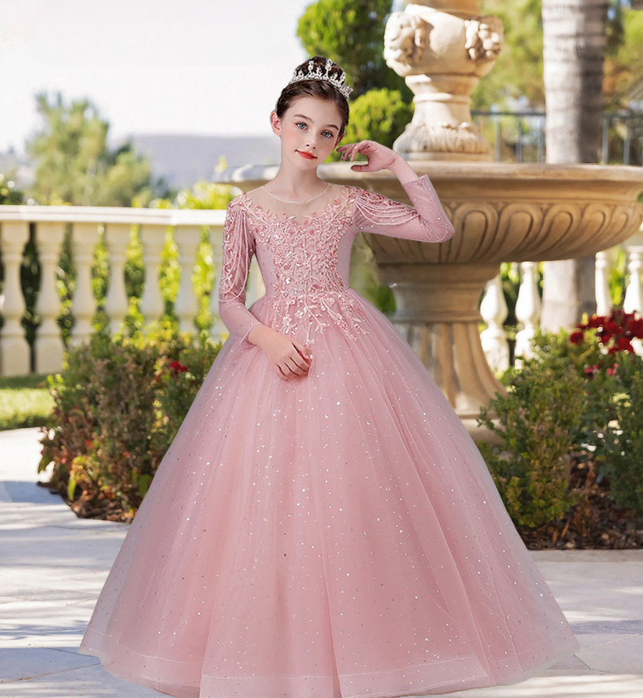 Exquisite Scoop Neck Long Sleeve Flower Girl Dress Floor-Length Lace/Printed Tulle Ball Gown/Princess With Beads/Appliques Girls Gidiondress Dusty Rose 12M