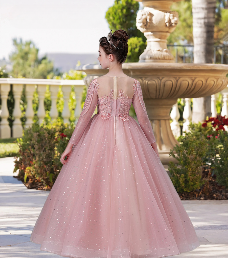 Exquisite Scoop Neck Long Sleeve Flower Girl Dress Floor-Length Lace/Printed Tulle Ball Gown/Princess With Beads/Appliques Girls Gidiondress