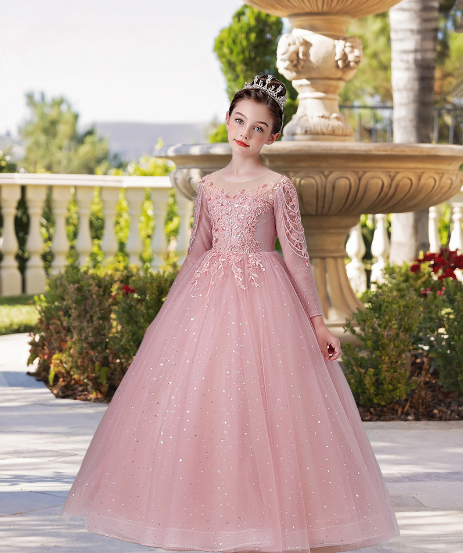 Exquisite Scoop Neck Long Sleeve Flower Girl Dress Floor-Length Lace/Printed Tulle Ball Gown/Princess With Beads/Appliques Girls Gidiondress