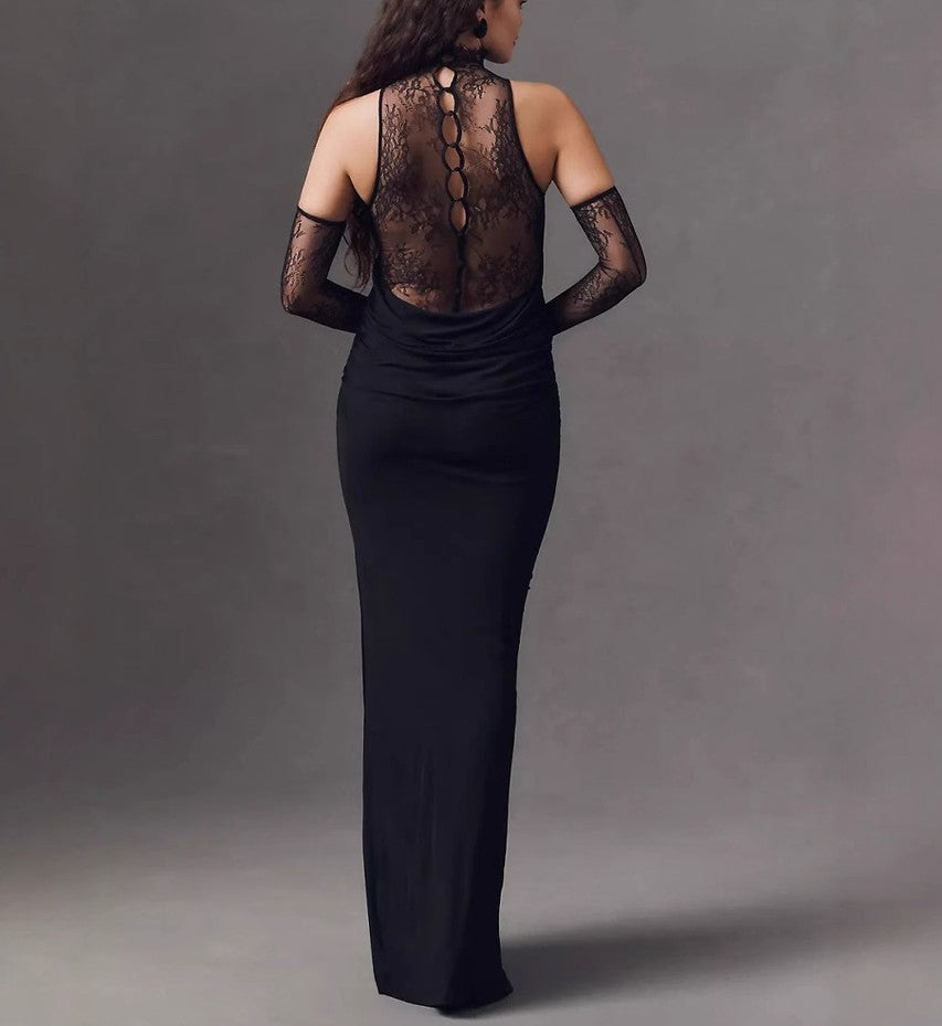 Sheath/Column Halter Lace Vintage Costumes Sleeveless Party Dresses Floor-Length Stretch Satin BabaMila