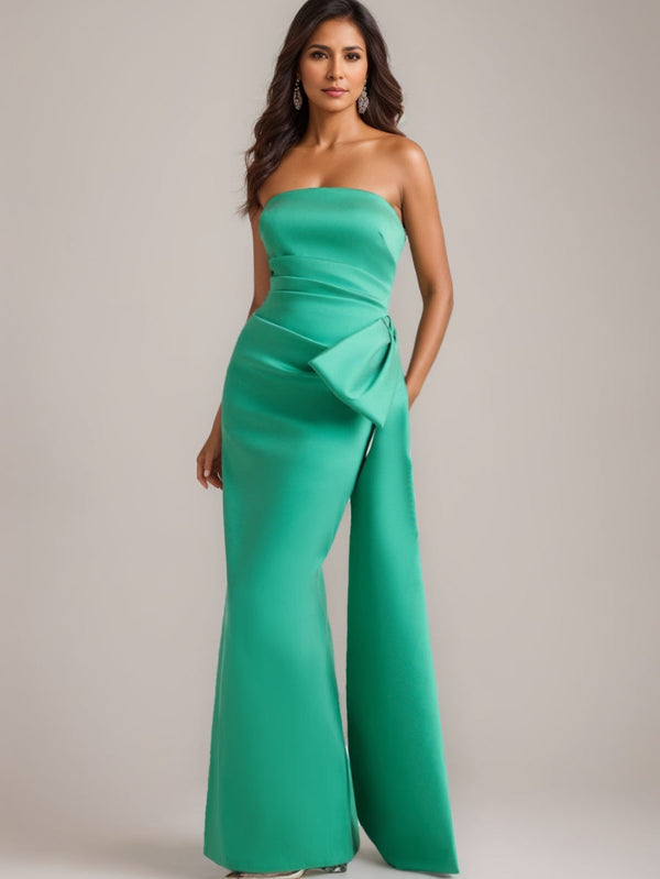 Sheath/Column Sleeveless Floor-Length Strapless Evening Dresses Side Bow Gown Party Dresses Satin BabaMila