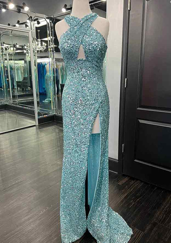 Sheath/Column Halter Floor-length/Sweep Train Sequins Prom Dresses With Split Side BabaMila
