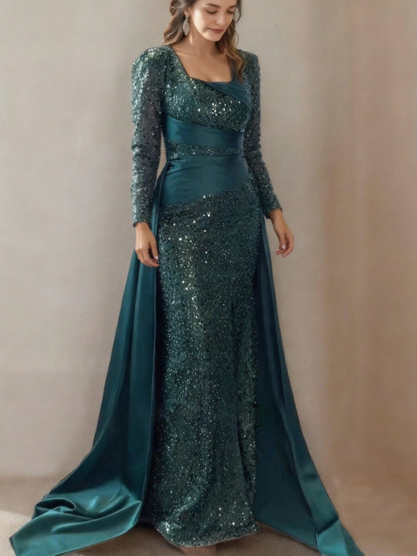 Sheath/Column Square Collar Long Sleeves Sequins Evening Dresses Satin Party Dresses With Split Front BabaMila