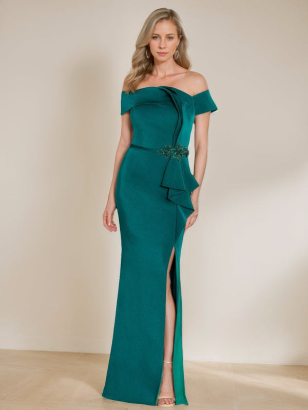 Sheath/Column Off-The-Shoulder Evening Dresses Draped Party Dresses Floor-Length With Split Side BabaMila
