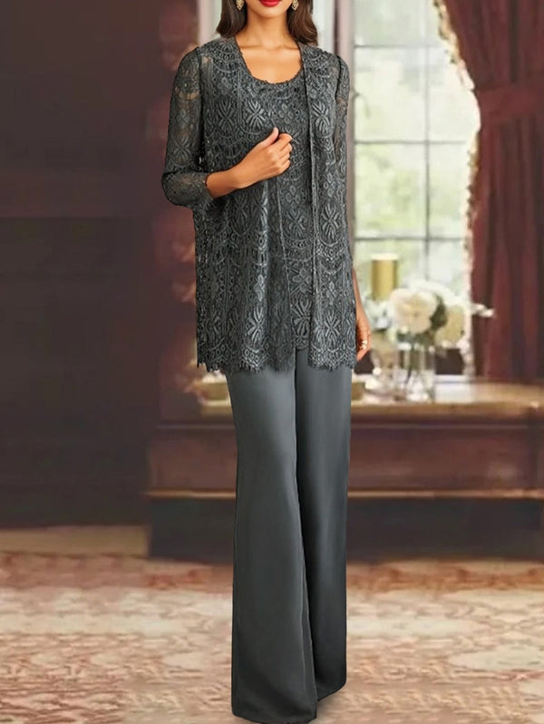 Chiffon Lace Scoop Ankle-Length Mother Of The Bride Pantsuits With Jacket BabaMila