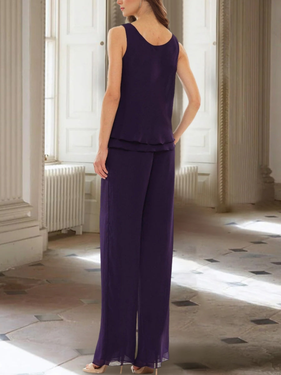 Chiffon Scoop Ankle-Length Mother Of The Bride Pantsuits With Long Sleeves Jacket BabaMila