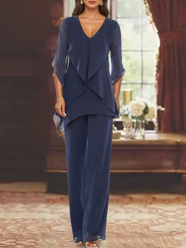 Chiffon V-Neck Half Sleeves Mother Of The Bride Pantsuits With Ruffles Ankle-Length BabaMila