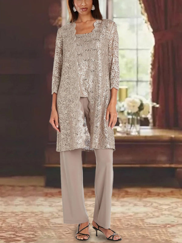 Chiffon Scoop 3/4 Sleeves Mother Of The Bride Pantsuits With Lace Jacket Ankle-Length BabaMila
