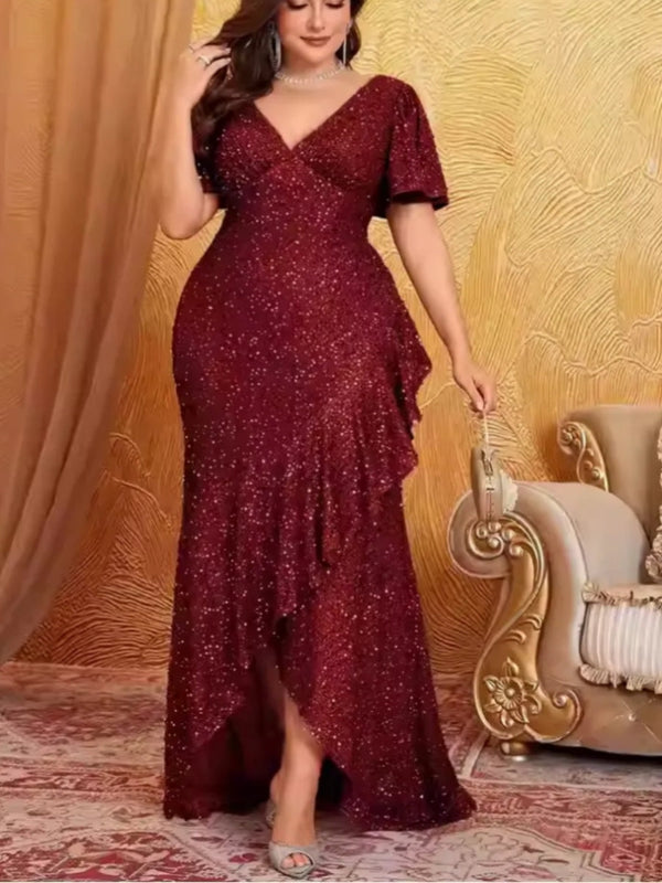 Sheath/Column Sequins V-Neck Plus Size Mother Of The Bride Dresses Short Sleeves Floor-Length BabaMila