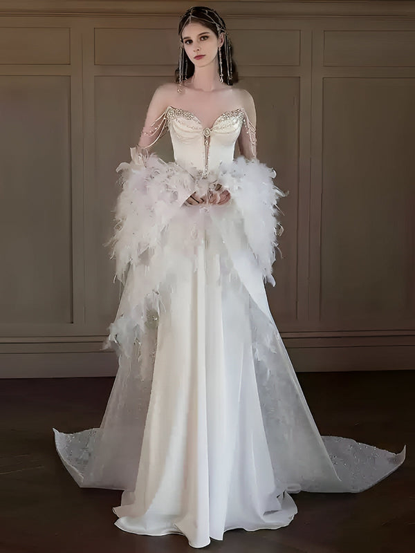 Trumpet/Mermaid Off-the-Shoulder Elegant Wedding Dresses with Beadings & Chains & Feather BabaMila